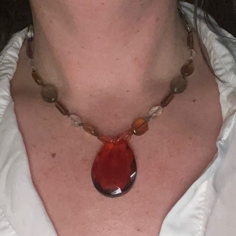 Vintage Czech Beaded Amber Teardrop Necklace